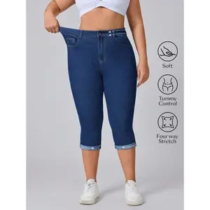 Flexra Capri Pants - Plus Size, Elastic Blue Denim, Casual |   Summer & Festival Outfits for Women