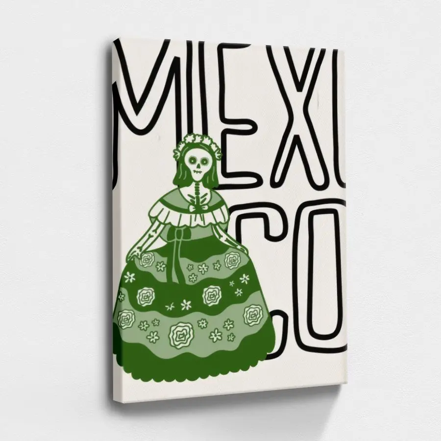08x12x0.8inch Mexico Graffiti Black and White Cartoon Folk Art Wood Framed Canvas Poster, Home Wall Decor, Artist Gift 1pc Artwork Ornament
