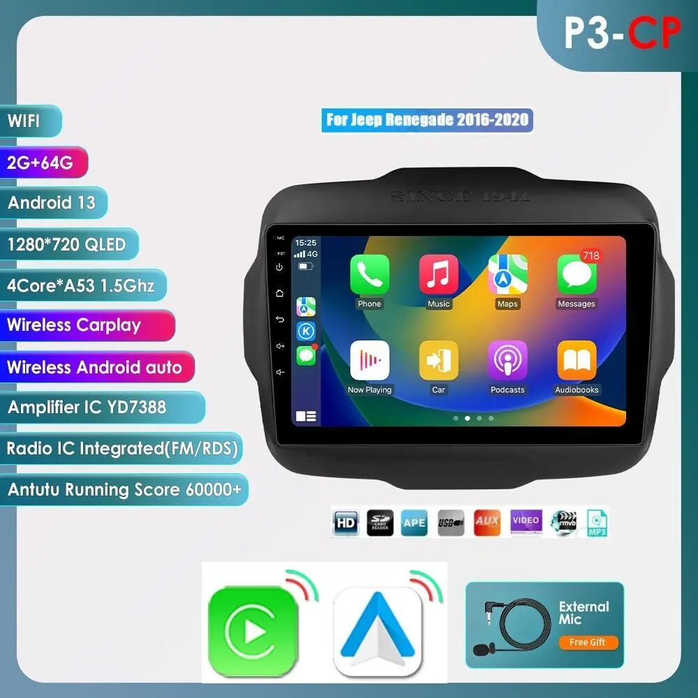 [Hizpo] 9-Inch 2-DIN Android Auto & CarPlay Car Radio for Jeep Renegade 2016-2020, DC 12V Video Multimedia Player with Built-in WiFi Modem, Mirror Link, GPS Navigation, Music, TV, Movie, Twitter, Facebook
