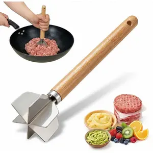 304 Stainless Steel Meat Chopper, 6 Blade Ground Beef Masher with Wooden Handle, Ground Beef chopper tool, Suitable For Making Ground meat, Mashed potatoes, Jam and more (1pc)