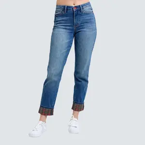 Judy Blue Women's Full Size Plaid Print Cuff Straight Leg Denim with Pockets, Comfortable Minimalist Style for Everyday Casual Fashion - Fit