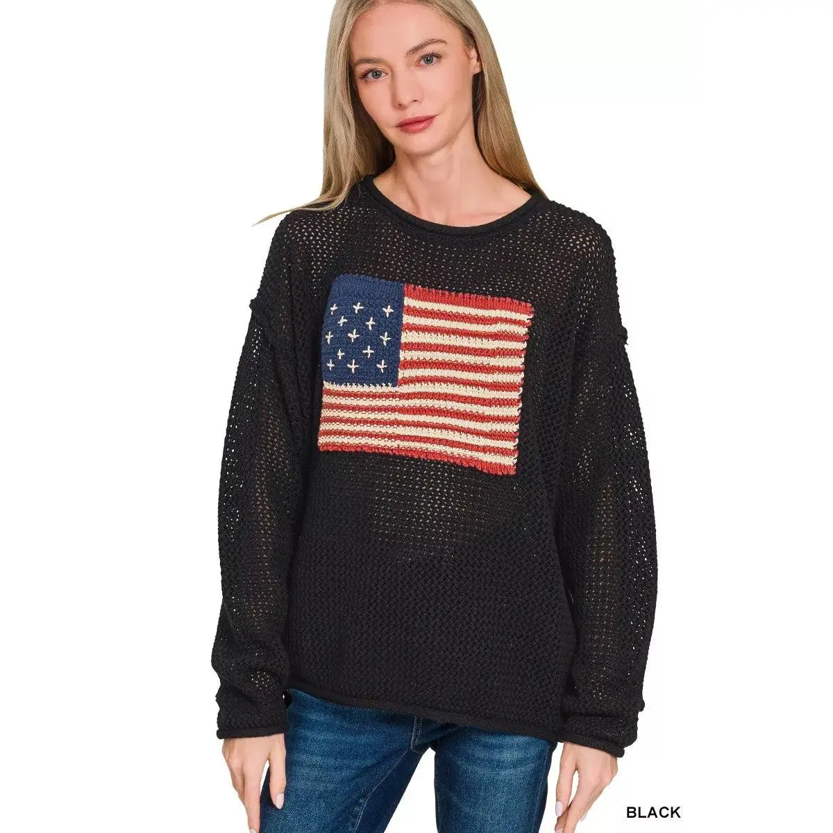 Zenana American Flag Crew Neck Sweater