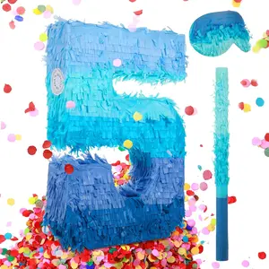 Number 1 2 3 4 5 6 7 8 9 Piñata with Stick Blindfold Confetti, Gradient Blue Piñata for Kids Boys Girls Birthday Party Anniversary Decorations Supplies(Number 5)