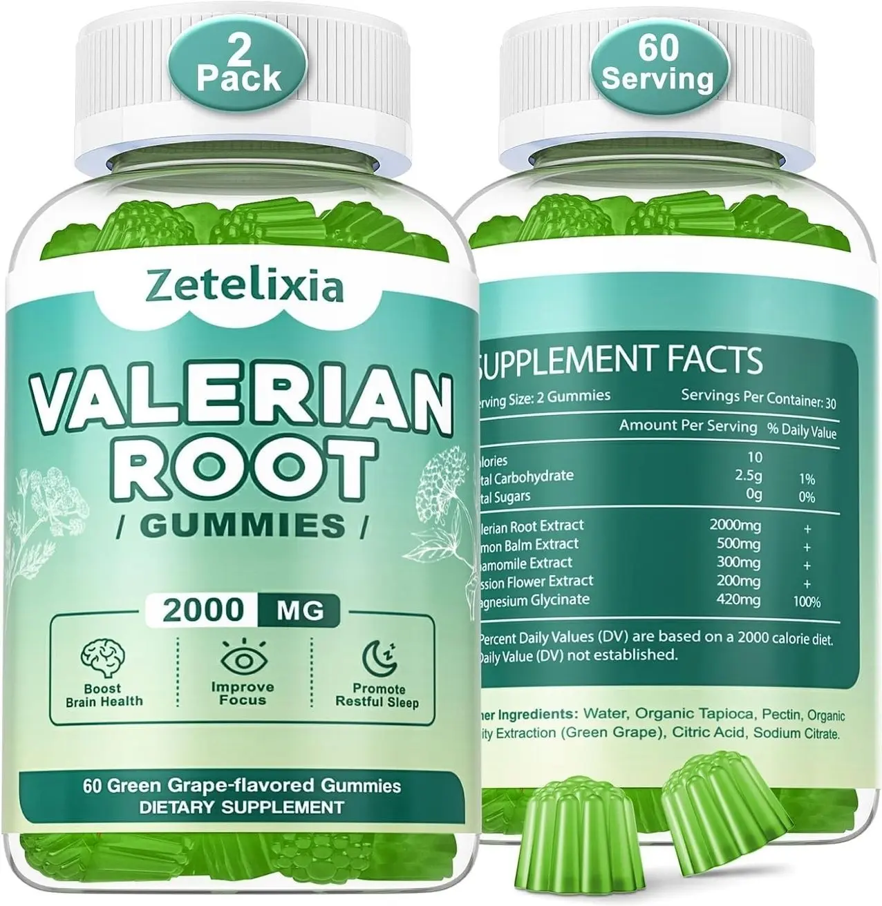 2 Pack Organic Valerian Root Gummies, Natural Calm to Help Relaxation, Herbal Supplement for Mood Support, Melatonin Free, Non-GMO, Gluten Free, Vegan, Green Grape Flavor, 120 Count