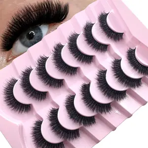 7 Pairs Russian Curl False Eyelashes, Synthetic Mink Cat Eye Style, Natural D Curl Volume, Fluffy, Dense Lustrous, 3D Design, Perfect for Beginners