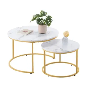 VEVOR Nesting Coffee Table Set of 2, 27.6 in Round Coffee Table, Nesting Tables for Small Place, Vintage End Side Tables Night Stand with Metal Frame, for Living Room, Bedroom, Office (White Gold)