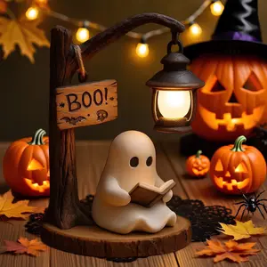 Cute Reading Ghost Ornament with Lantern, Halloween Festive Home Decorative Light