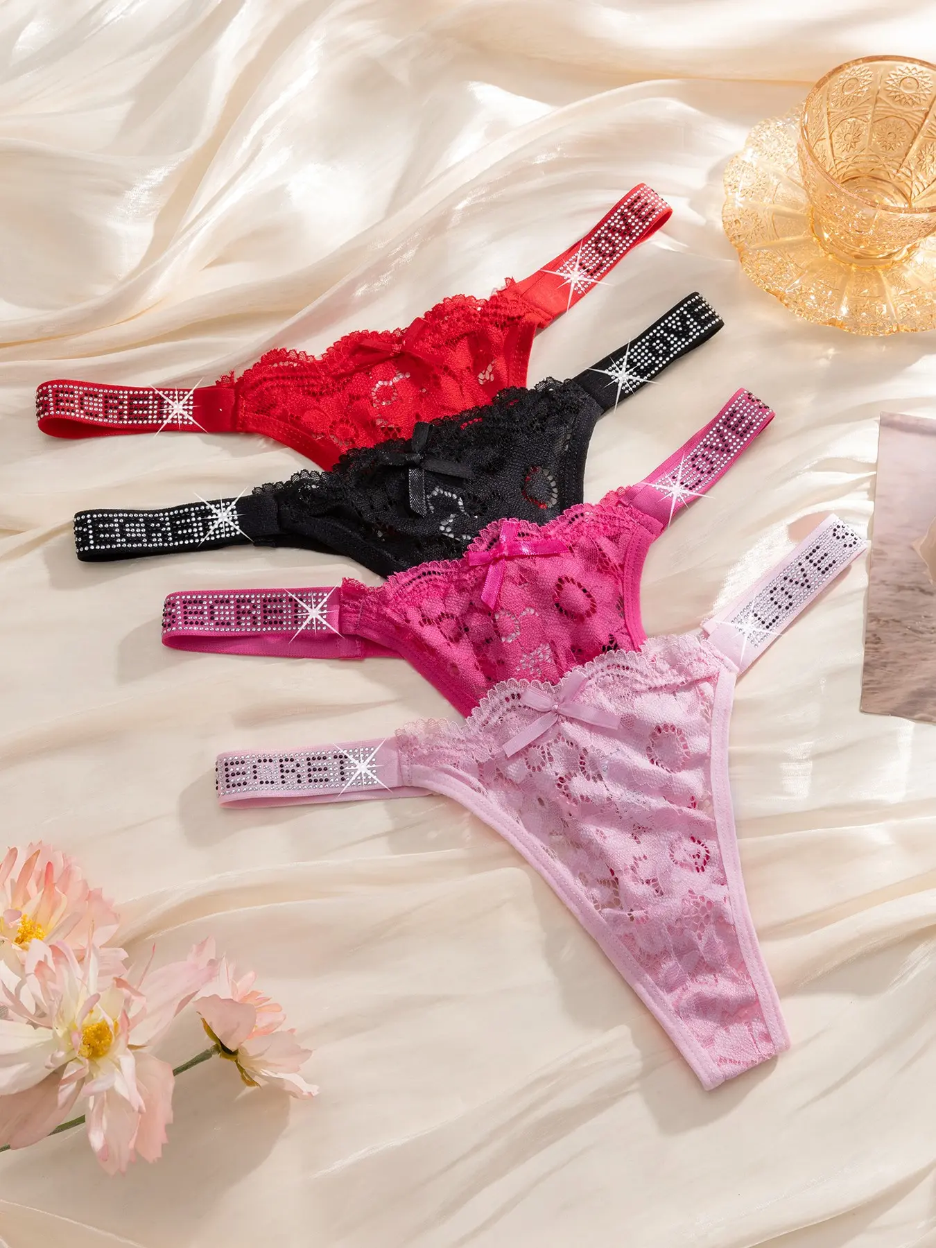 Women’s Sheer Lace Bow Design Thong Panties, Stylish Crystal Letter Waistband, Low Waist Feminine Aesthetic Trendy Lingerie in 4-Pack for All Occasions, Underwear