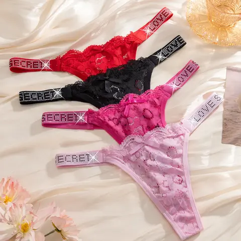 Women's Sheer Lace Bow Design Thong Panties, Stylish Rhinestones Letter Waistband, Low Waist Feminine Lingerie, Low Waist Underwear, 4-Pack for All Occasions