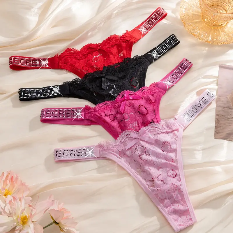 Women's Sheer Lace Bow Design Thong Panties, Stylish Rhinestones Letter Waistband, Low Waist Feminine Lingerie, Low Waist Underwear, 4-Pack for All Occasions
