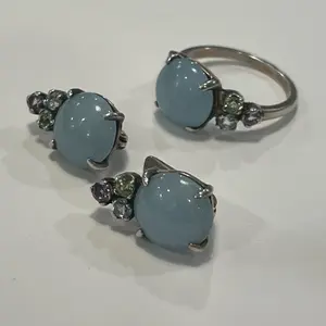 Real Aquamarine Earrings and Ring Set with Blue Gemstone Accents and Silver Finish