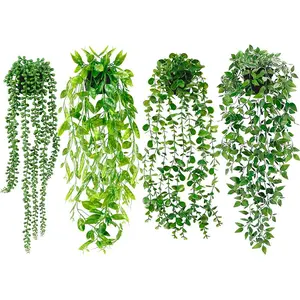 Faux Artificial Hanging Plants 4 Pack, Fake Potted Greenery with Eucalyptus Vine, Mandala, Pea Pod Leaves & String of Pearls in Pots for Office, Living Room, Bathroom, Indoor & Outdoor Décor
