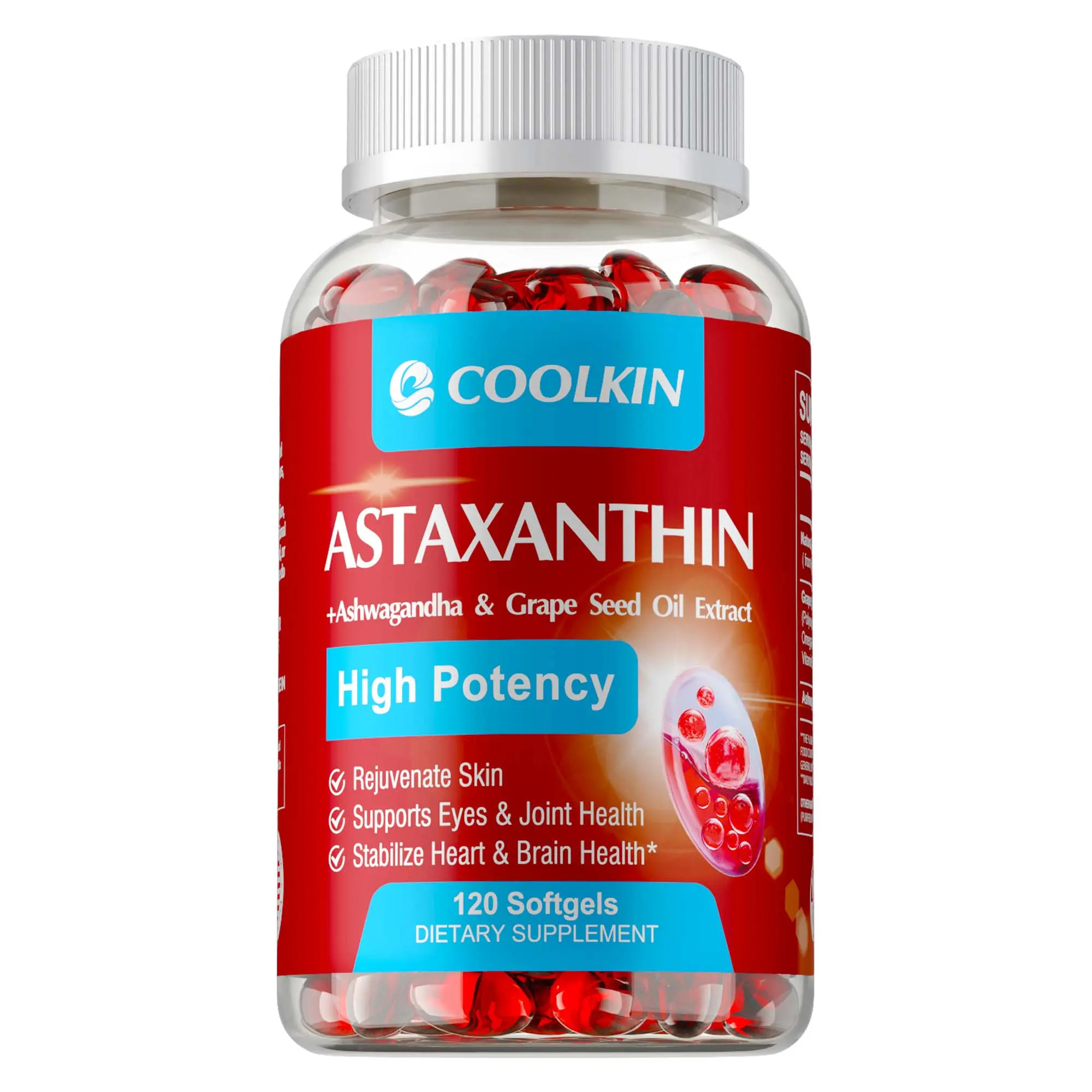 Coolkin Astaxanthin Supplement Capsules - Antioxidant Dietary Nutrition Supplement with Ashwagandha, Grapeseed Oil - High Performance Natural Ingredients - Capsule Format, Easy to Take - 60/120 Count, Antioxidant Capsules