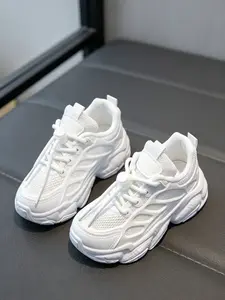 Kids Breathable Mesh White Sneakers, Chunky Non-Slip Thick Sole School Shoes, Quick Elastic Lace Casual Sport Shoes for Boys Girls, Thick Soled Trainers, Trainer Footwear, Casual Trendy Trainers, Nonslip Trainers