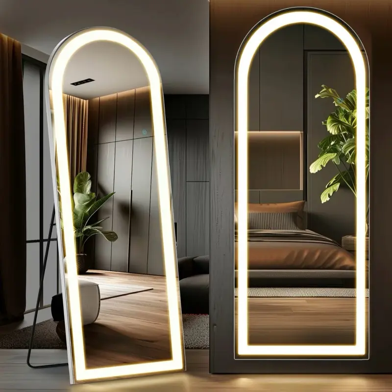 Stand Mirror Full Length with LED Lights, Floor Mirror Dimming & 3 Color Lighting, Large Mirror for Bedroom, Glass Decorations Supplies Full-Length Aluminum