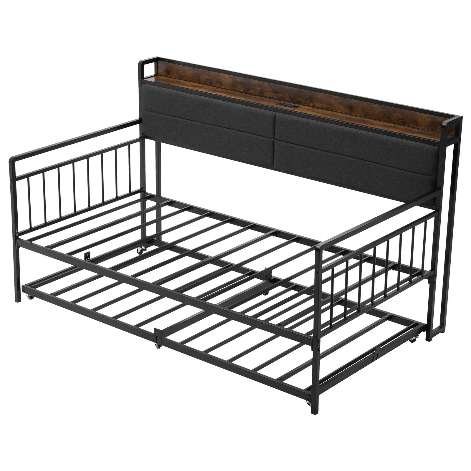 VEVOR Twin Size Metal Daybed Frame with Pull Out Trundle Bed, Heavy-Duty Secure Platform Bed with USB Charging Port, 2 AC Outlets, Metal Slats Support, Easy Setup for Living Room, Bedroom, Usb Port, Pull Out Bed