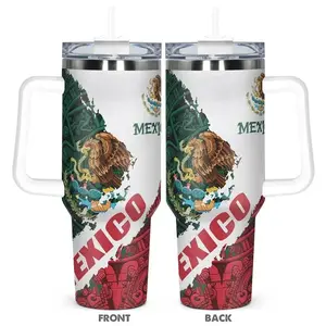 40oz Mexico Aztec Calendar Tumbler with Handle, Mexican Flag Eagle Shield Travel Mug with Straw, Stainless Steel Insulated Cup, Mayan Culture Heritage Pride Gift for Men Women, Viva Mexico Merchandise