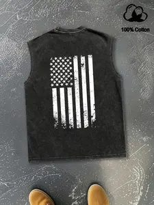 Men's American Flag Graphic Print Round Neck Tank Top, Sleeveless Breathable Sport Tank, Regular Fit Casual Crew Neck Sleeveless Top for Summer, Fashion Men's Top for Daily Wear, Socks