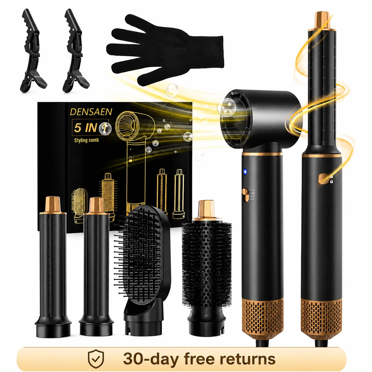 DENSAEN 5-in-1 Air Styler Brush Set, Hot Air Hair Dryer Brush with Curling, Straightening, Drying & Smoothing Attachments, Gloves & Clips Included
