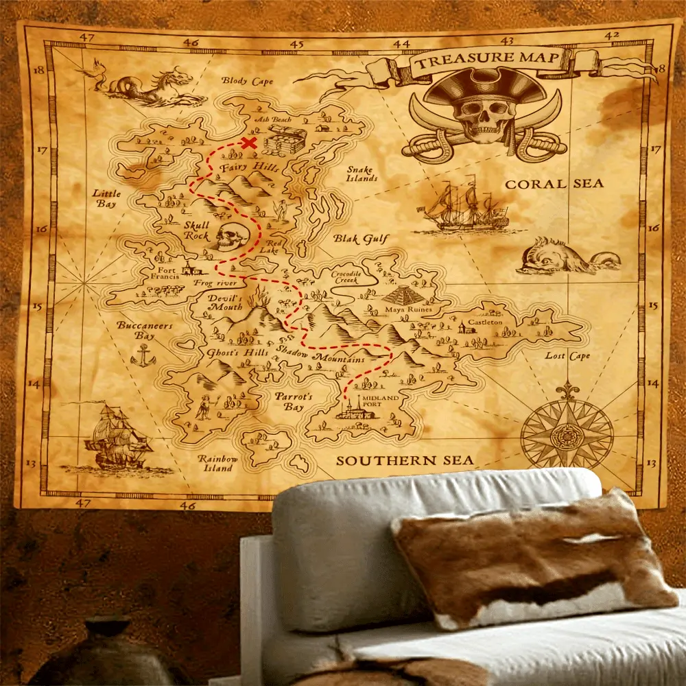 Pirate Treasure Map Tapestry Large Wall Hanging Decor with Free Hanging Clips, Nautical Photo Background for Living Room, Bedroom, Office, Home Indoor Party Decor - Polyester