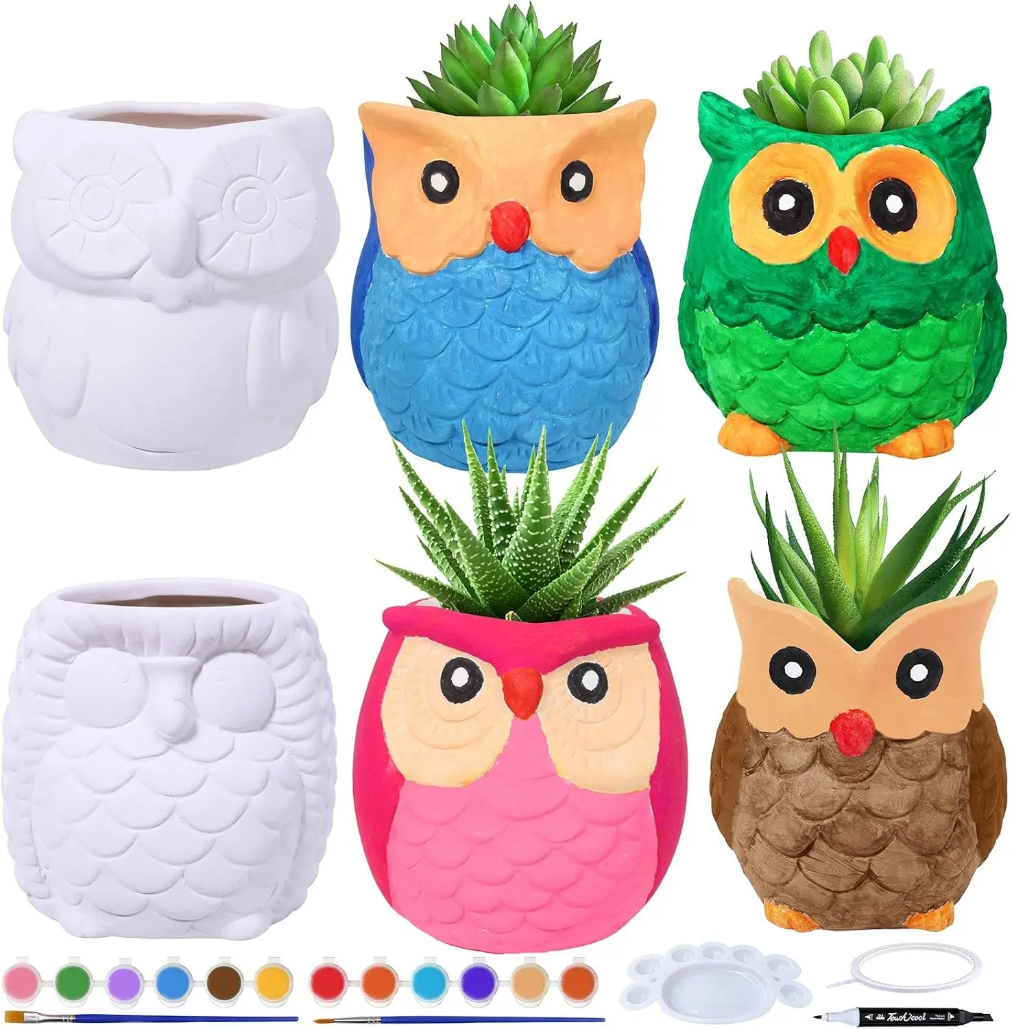 6 Sets DIY Ceramic Owl Succulent Pots Paint Craft Kit, Unpainted Ceramic Bisque Owl Flowerpots with Drainage Hole, Ready to Paint for Kids Classroom Craft Project Activity