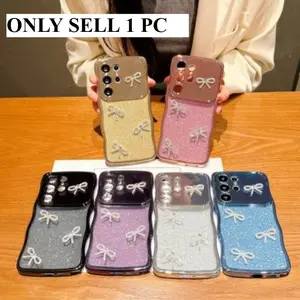 Luxury Electroplated transparent wave solid color glitter phone case suitable for Samsung Galaxy S26/S25/24/23/Ultra/Plus FE S25 Edge rhinestone bow full-coverage soft case