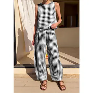 Womens 2 Piece Sets 2026 Summer Plaid Sleeveless Tops Wide Leg Pants Matching Lounge Set Beach Vacation Outfits