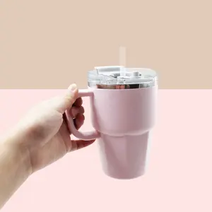 1-Pack 12-Oz Handle Coffee Cup, Stainless Steel Inner Liner + Plastic PP Outer Shell, Insulated Car Mug with PP Straw, Portable Vehicle Coffee Water Cup