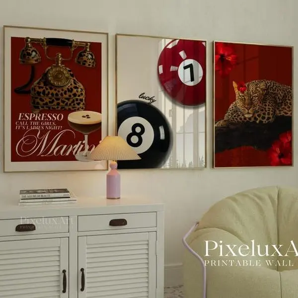 Retro Red Gallery Leopard Wall Art Set – 6 Trendy Posters, Y2K Fashion Decor, Bold Red Wild Leopard Print, Chic Glam Leopard Poster Set