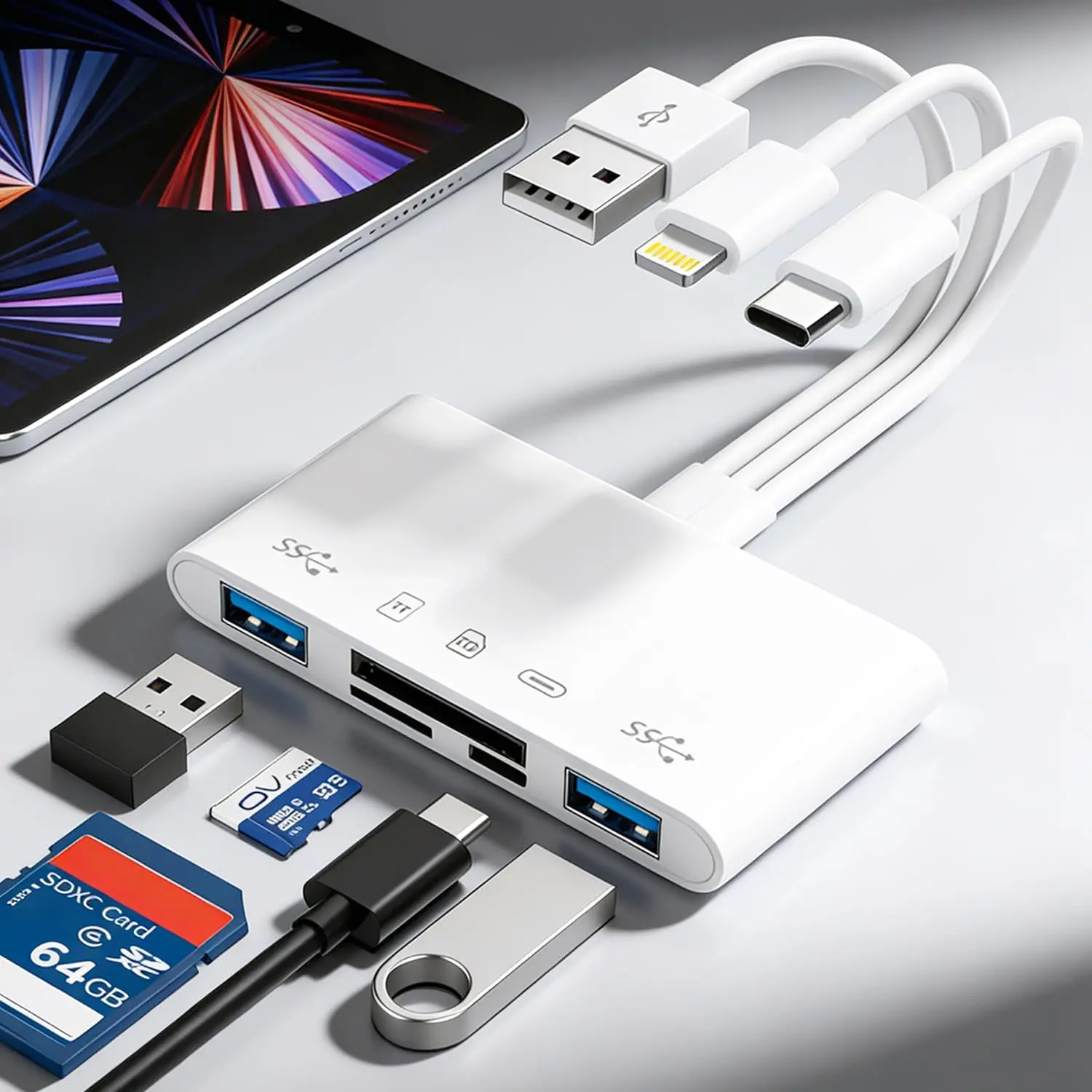 5 in 3 SD Memory Card Reader With Charging Port, Lightning USB A USB C Multi Port Card Adapter Compatible With iPhone iPad Android Phone MacBook PC Tablet Camera Flash Drive External Storage