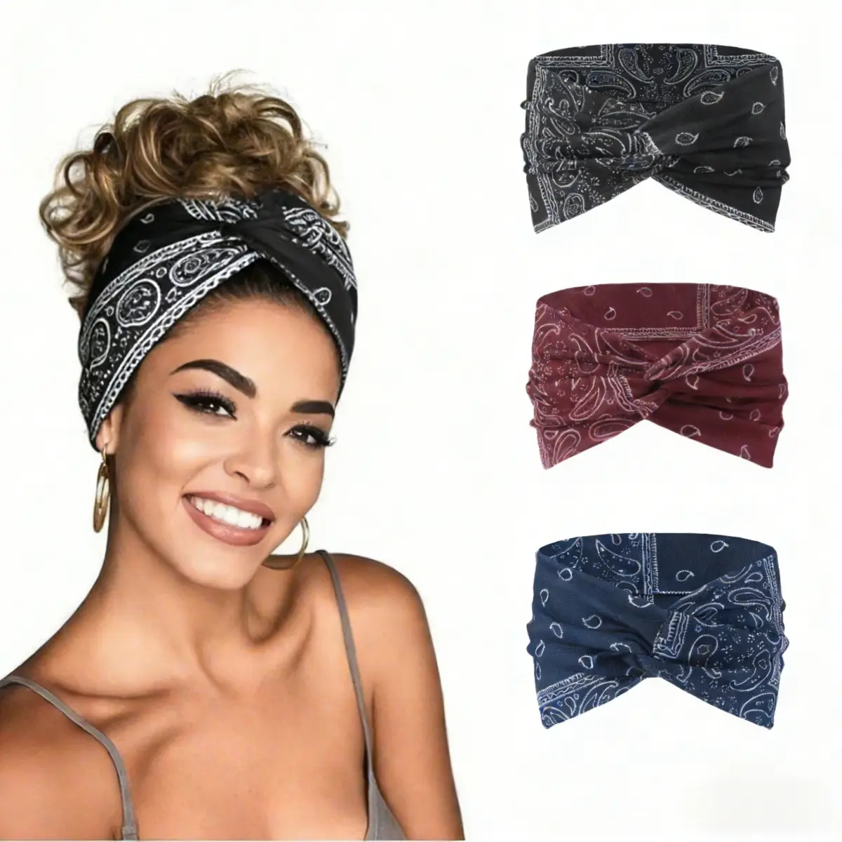 Women's 3-Pack Wide Soft Gym Headbands - Solid Color & Gingham Print, Cotton-Like Stretchy Fabric, Non-Slip Sweat-Wicking, 8.66in Long, Great Breathability, Fade-Resistant, for Yoga, Daily Use, Ideal Birthday/Christmas Female Gift, Employee Benefits