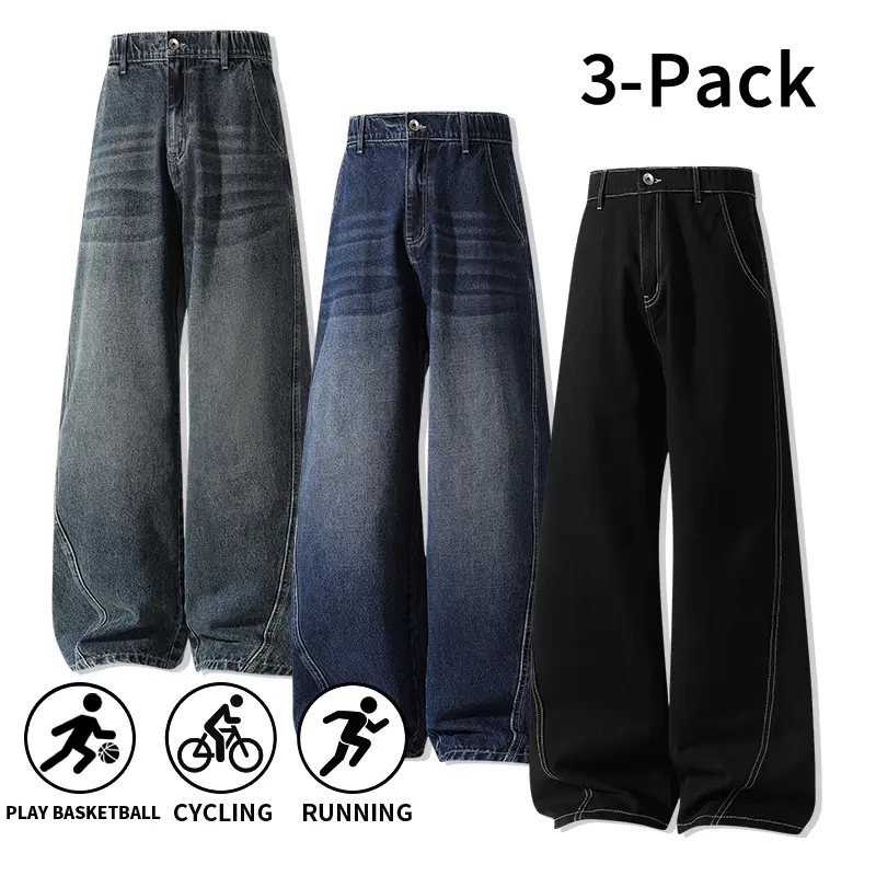 3-Pack Men’s Gradient Washed Wide-Leg Jeans, High-Waisted Loose Baggy Denim Pants for Basketball, Running, Cycling, and Everyday Casual Wear