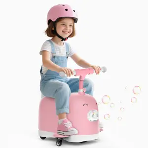 Bubble Ride-On Toy Car for Toddlers, Electric Kids Push Scooter with Bubble Maker, Bluetooth APP Remote Control, RGB Light, Storage box,Indoor Outdoor Balance Ride On Toy Swing for Boys Girls Ages 3-12, Pink