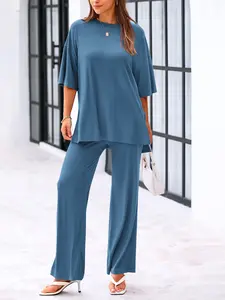 Aswulk Womens 2 Piece Outfits 2025 Summer Casual Loose Short Sleeve Pullover Tops & Wide Leg Pants Lounge Sets Tracksuit