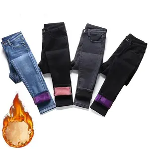Women Thermal Skinny Jeans Mom Winter Warm Plush Stretch Jeans Lady Fleece Snow Denim Pants Student Pencil Straight Leg Trousers Bottoms Matching