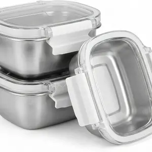 3-piece stainless steel container with lid, leak proof lunch snack box, reusable meal preparation container suitable for dipping sauces, seasonings, and snacks