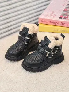 Girls' Fleece Lined Snow Boots Winter New Children Warm Korean Style Boots, Casual PU Leather, Spring & Fall, Winter Warm Shoes