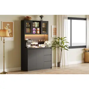 【Christmas Gift】Black Kitchen Pantry Cabinet 71 Tall Storage Cabinet with Doors and Shelves Adjustable Kitchen Storage Hutch with Microwave Shelf Led Lights and Charging Station Corner Pantry Cabinet Black Furniture For Apartment