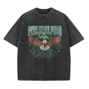 Black Unisex Retro Acid Wash Philadelphia Eagle Mascot Print T-Shirt, Oversized Crew Neck Short Sleeve, Trendy Vintage Philly Sports Streetwear for Daily Wear & Gifting