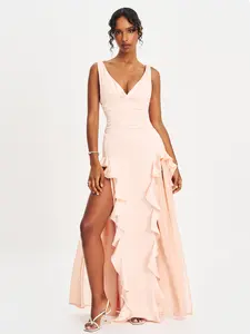 Talyssa Baby Pink Ruched Waist Double High Slit Maxi Gown (Archive Sale)