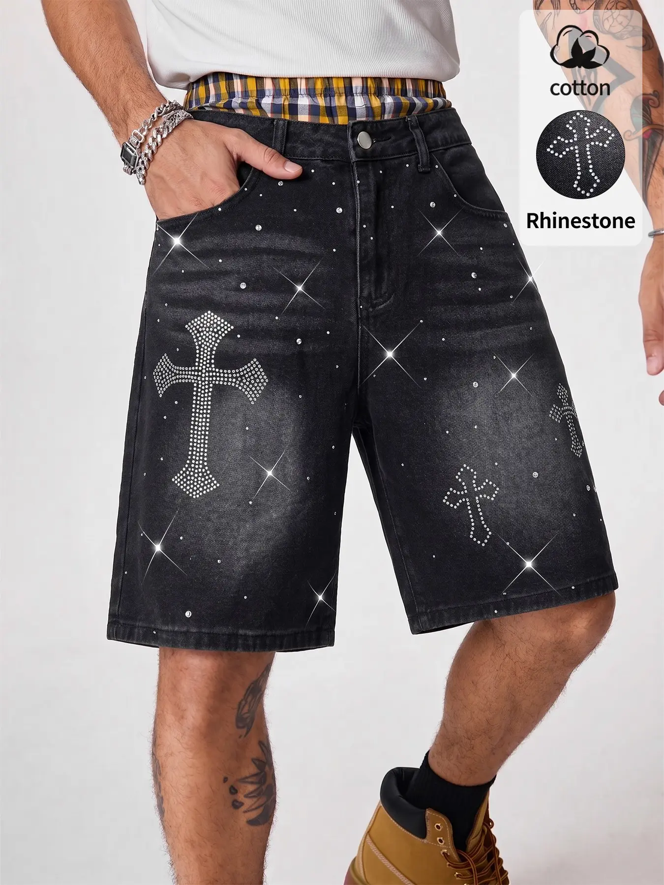 Men's Glitter Cross Rhinestone Jeans Shorts, Summer Full Rhinestone Loose Fit Straight Leg, Vintage Washed Chain Design, Streetwear Y2K Style