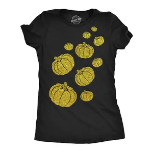 Womens Gold Glitter Pumpkins T Shirt Funny Cute Halloween Top Graphic Novelty Tee Funny Womens T Shirts Cute Vintage Fashion Casual Ladies T-Shirt Gift Halloween Tops for Women Funny Vintage Top Women's Novelty Black
