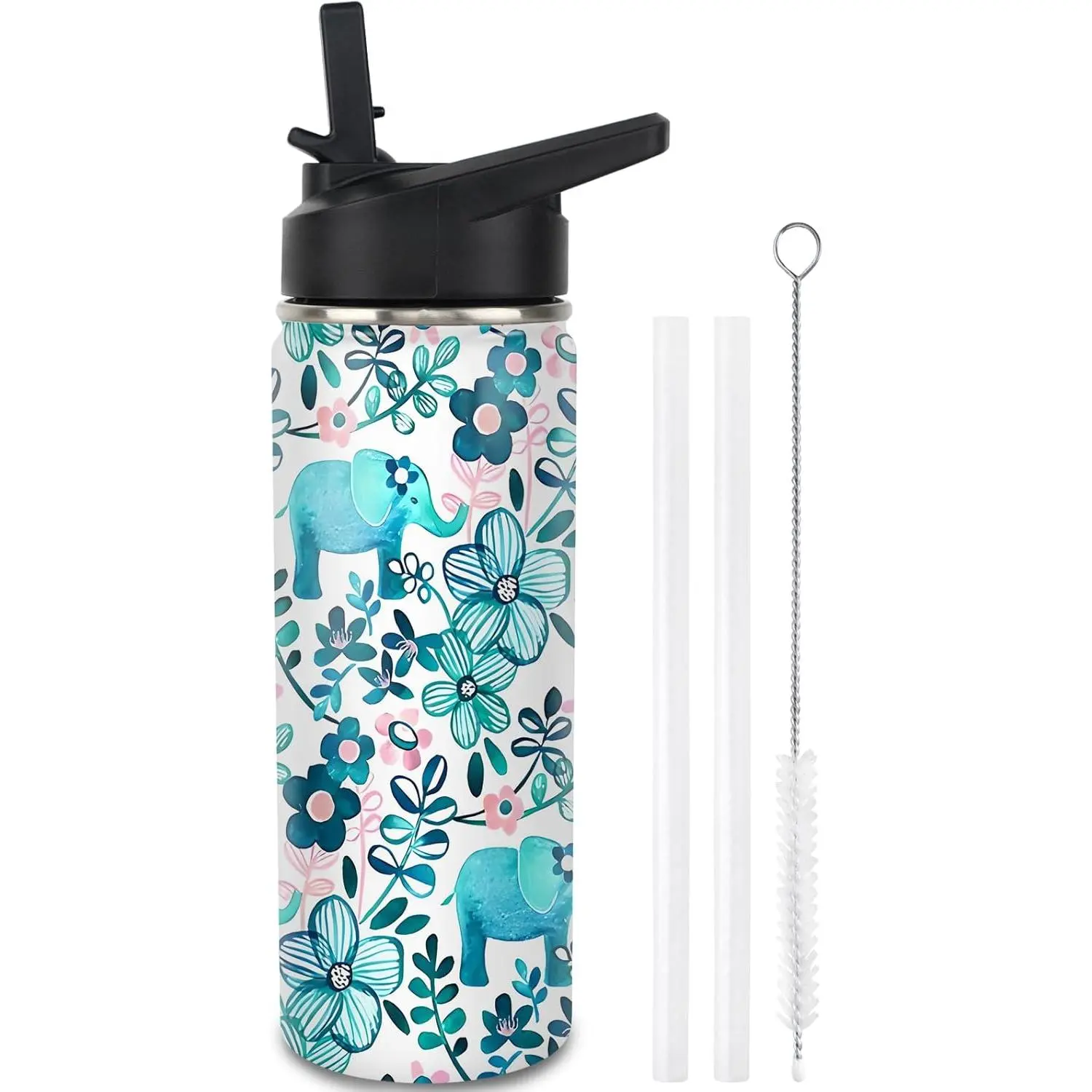 18 Oz Double-Wall Vacuum Insulated Stainless Steel Elephant Print Water Bottle - Portable Insulation Drink Tumbler with Straw, Carry Loop, Novelty Design for Boys, Animal Lovers as Birthday Gifts, Thanksgiving