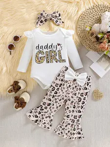 Baby girl spring and autumn set, bow headband, "daddy's GIRL" text, overall leopard print element, round neck, long sleeved ruffled sleeves, flared pants, daily, parent-child activities