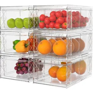 6 Pack Stackable Storage Drawers,Clear Fridge Organizer with Handles and Movable Dividers,Pull-Out Acrylic Drawer Organizer for Pantry, Bathroom,Kitchen Undersink,Cabinet