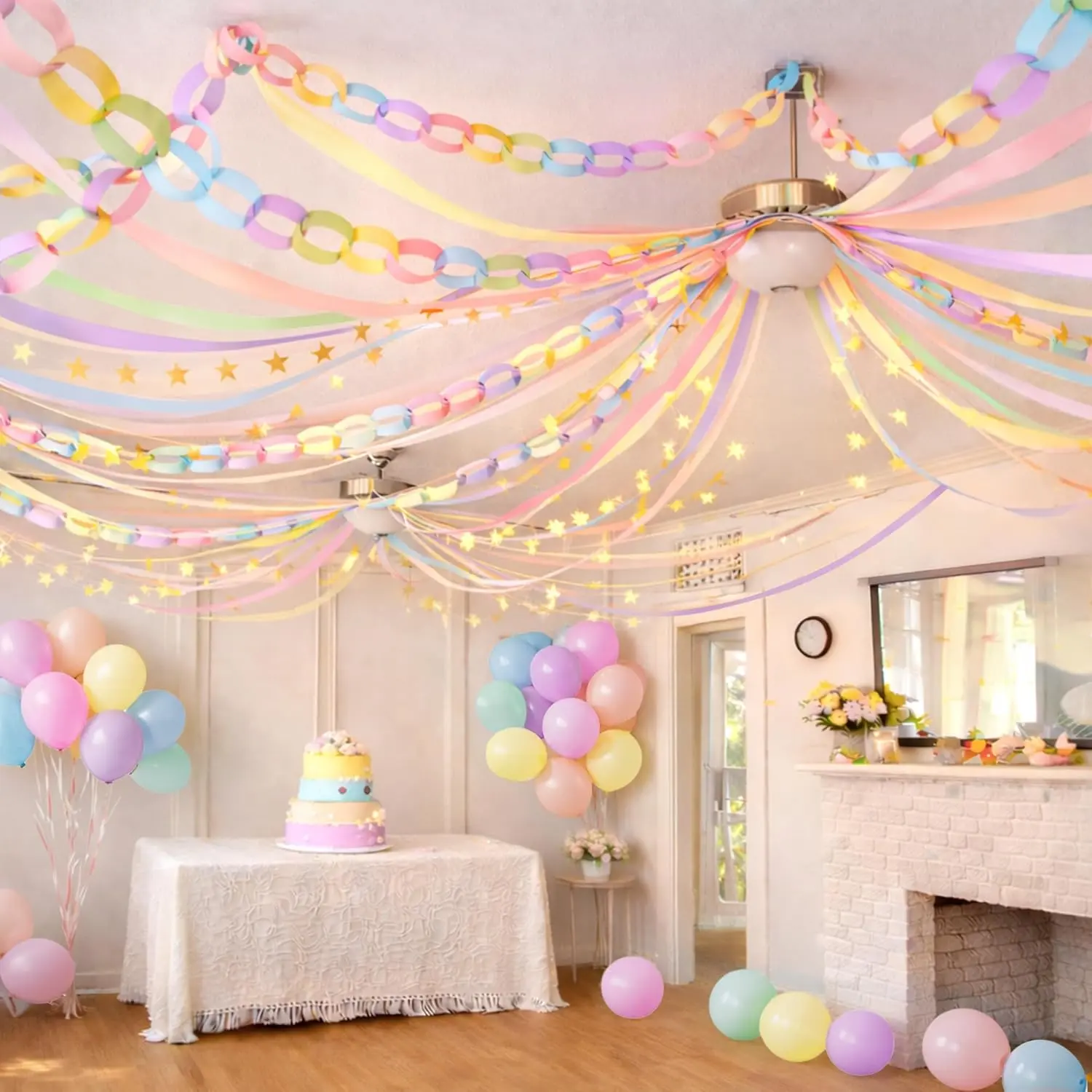 Pastels Decorations Paper Chain Strips Party Decor Set with Crepe Paper Streamers, Paper Chain Strips, Gold Star Garland and Pastel Balloons