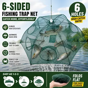 Fishing Trap Net Portable Folded Fishing Bait Trap Shrimp Minnow Crab Bait Net 6 Sides 6 Holes Crayfish Cast Mesh Trap Automatic