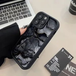 Black & Grey Marble-Patterned Phone Case with Raised Bamboo Texture — Shockproof & Drop-Resistant Design for iPhone 17/16/15/14/13/12/11 Pro Max — Minimalist, Premium-Style Couple's Case