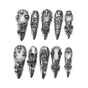 Silver Chrome Cross Heart Press On Nails Punk Goth Y2K Emo Fake Nails