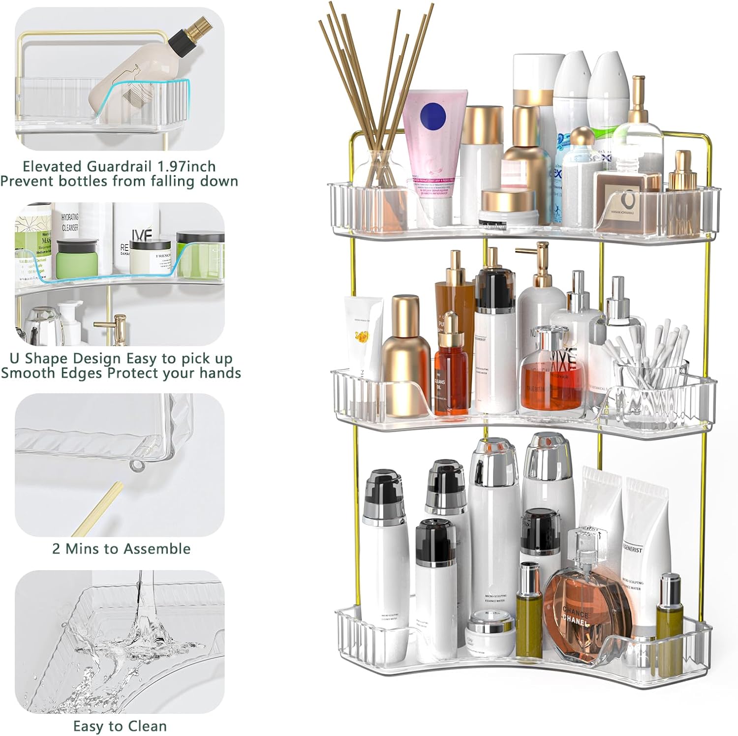 2/3-Tier Plastic Corner Bathroom Counter Organizer - Large Capacity Bathroom Accessories for Skincare, Makeup, Perfume Storage; Space-Saving Vanity, Dresser, Kitchen Sink Countertop Holder for Mothers